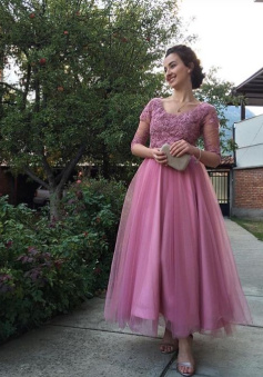 Tulle Lace Prom Dresses Tea Length Bridesmaid Dress  Evening Dress      