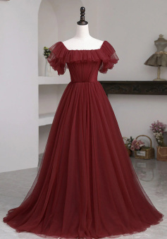 Simple Burgundy A line Long Prom Dresses, Burgundy Bridesmaid Dresses    