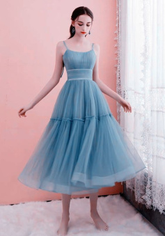 Blue A-line Tulle Midi Bridesmaid Dress  