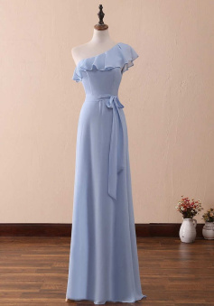 One-Shoulder Ruffled A-Line Long Bridesmaid Dress    