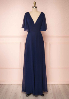Navy Blue Chiffon V-Neck Ruffled Sleeve Long Bridesmaid Dress          