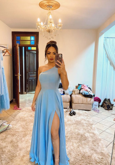 Elegant One Shoulder Blue Prom Dress With Slit,Blue Bridesmaid Dress     