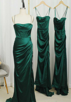 Straps Dark Green Mermaid Long Bridesmaid Dress,Modest Satin Formal Dresses      