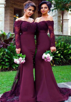 Custom Made Off Shoulder Mermaid Maroon Long Sleeves Lace Prom Dresses, Burgundy Lace Bridesmaid Dresses, Formal Dresses       