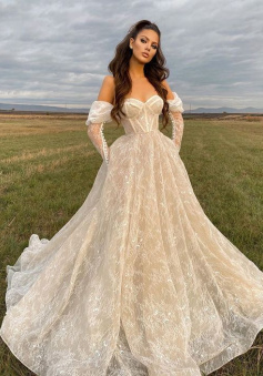 Stunning Lace Long Sleeves Wedding Dresses Off The Shoulder Sweetheart Neck A Line Bridal Gowns     