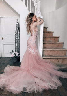 Sheer V-neckline Pink Mermaid Wedding Dress with Tulle Train    