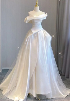 White Satin Tulle Off the Shoulder Pleats Wedding Dress   