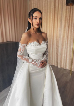 Mermaid Wedding Dresses With Detachable Skirt Sweetheart Long Sleeves Beaded With Pearls Wedding Dress   