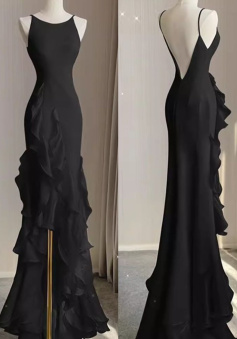 Black Mermaid Beach Wedding Dress With Ruffles, Spaghetti Straps Backless Prom Gown   