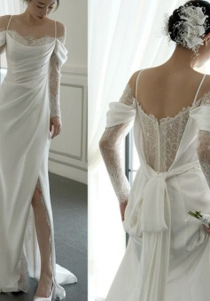 White Off The Shoulder Wedding Dress Long Prom Gown   