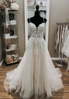 A-line v Neck White Lace Wedding Dresses, V Neck White Lace Formal Prom Dresses  