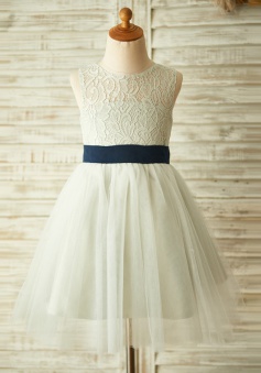 A-Line Jewel Open Back Grey Flower Girl Dress with Bow