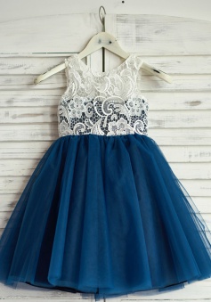 A-Line Jewel Navy Blue Flower Girl Dress with Lace