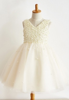 A-Line V-Neck Ivory Flower Girl Dress with Pearls