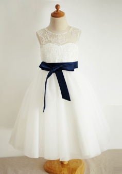 A-Line Jewel White Flower Girl Dress with Appliques Sash