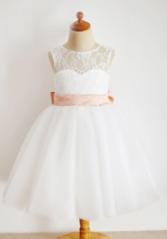 A-Line Jewel White Flower Girl Dress with Lace Pink Bow