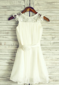 A-Line Jewel White Chiffon Flower Girl Dress with Flower