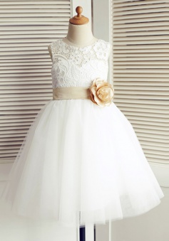 A-Line Jewel White Flower Girl Dress with Flower Bow