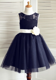 A-Line Jewel Navy Blue Flower Girl Dress with Flower Lace