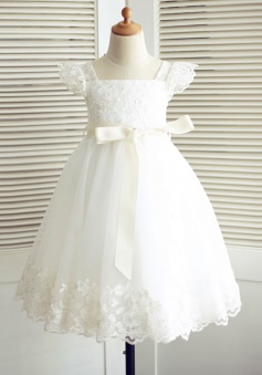 A-Line Square Neck White Flower Girl Dress Lace Sash