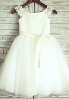 A-Line Crew Neck Ivory Flower Girl Dress with Lace Sash