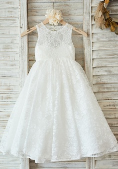 A-Line Jewel Open Back White Lace Flower Girl Dress