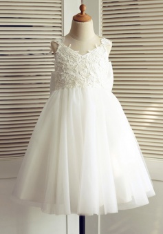 A-Line V-Neck Backless White Flower Girl Dress with Bow Lace
