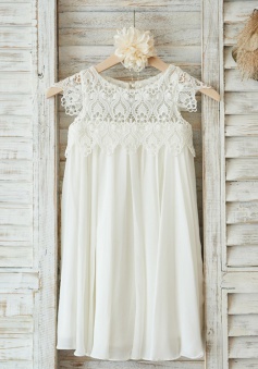 A-Line Jewel Cap Sleeves White Flower Girl Dress with Lace