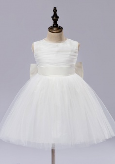 A-Line Jewel Ivory Flower Girl Dress with Flower Bow