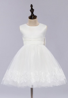 A-Line Jewel White Flower Girl Dress with Appliques Bow