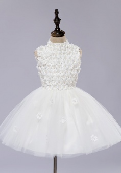 A-Line High Neck White Flower Girl Dress with Flowers