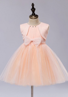 A-Line Jewel Coral Flower Girl Dress with Bow