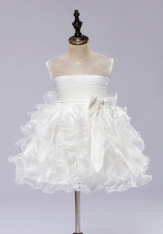 Ball Gown Jewel Ivory Tired Bow Flower Girl Dress