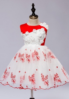 A-Line Jewel White Flower Girl Dress with Red Embroidery