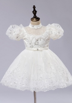 A-Line Scoop Puff Sleeves Flower Girl Dress with Sequins