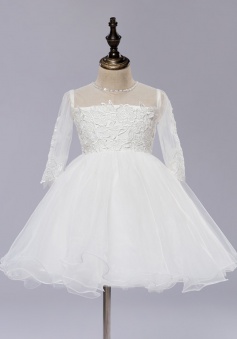 A-Line Jewel 3/4 Sleeves White Flower Girl Dress with Appliques