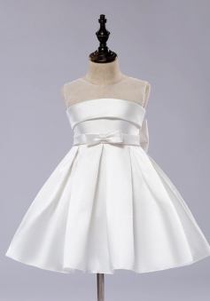 A-Line Jewel White Satin Flower Girl Dress with Bows