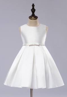 A-Line Jewel White Satin Flower Girl Dress with Bow