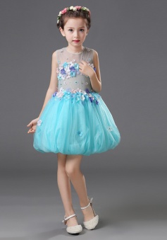 Ball Gown Jewel Blue Flower Girl Dress with Flowers