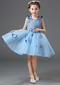 Ball Gown V-Neck Blue Flower Girl Dress with Butterfly