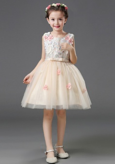 A-Line Square Neck Champagne Flower Girl Dress with Flowers