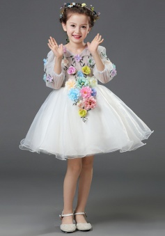 A-Line V-Neck 3/4 Sleeves White Flower Girl Dress with Flowers