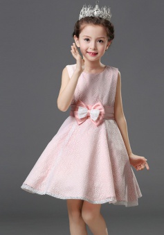 A-Line Jewel Pink Lace Flower Girl Dress with Bow