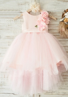 A-Line Jewel Pink High Low Flower Girl Dress with Flowers
