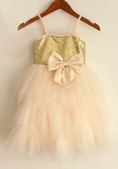 A-Line Spaghetti Straps Champagne Flower Girl Dress with Bow