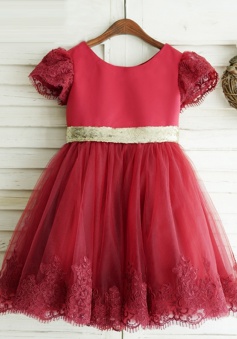 A-Line Jewel Dark Red Flower Girl Dress with Appliques