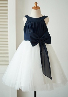 A-Line Bateau White Flower Girl Dress with Navy Blue Bow