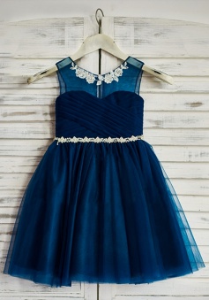 A-Line Round Neck Navy Blue Flower Girl Dress with Appliques