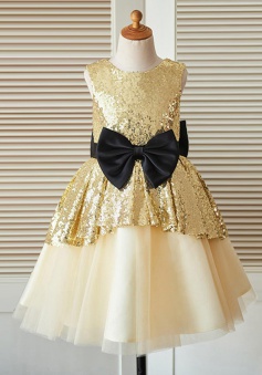 A-Line Jewel Champagne Flower Girl Dress with Sequins Bow