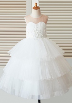 A-Line Jewel White Tired Flower Girl Dress with Appliques